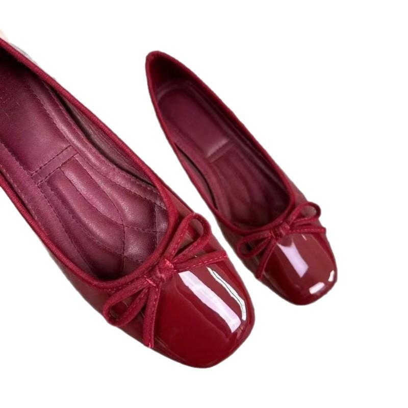 2025 Doudou grandma ballet bow new square head flat bottom red single shoes fragrant light mouth versatile women's shoes