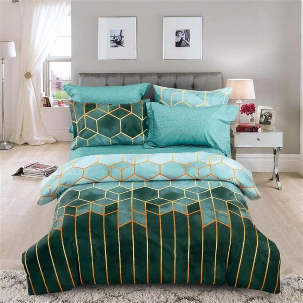 

Gold Line Geometric Rhombus Color Grid Three-Piece Quilt Cover, Pillowcase, Reverse Solid Color Kit Bedding 135 * 200