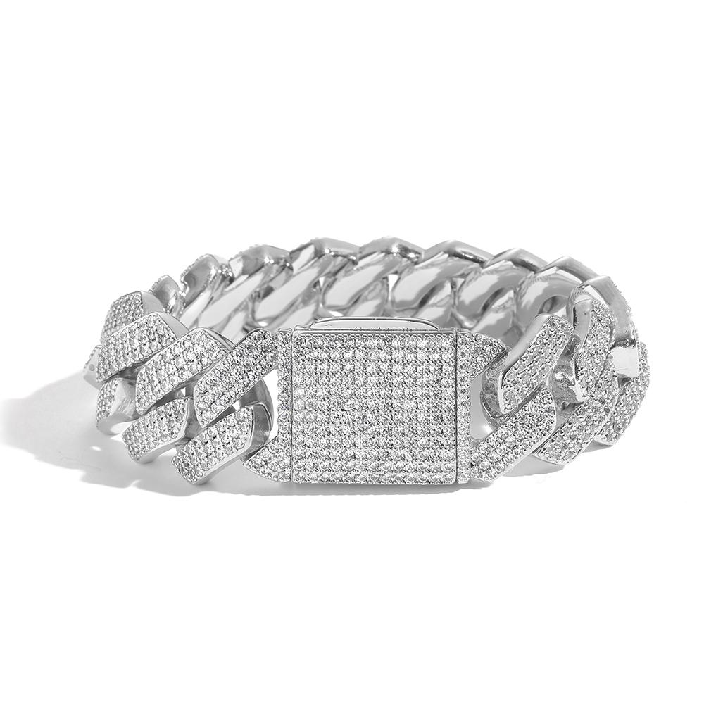 NUOYA Men s and Women s Fine Jewelry 20mm Gold Silver Cuban Link Chain Hip Hop Shiny Iced Diamond Cuban Link Bracelet Bracelet 7inch(17.78cm) серебряный