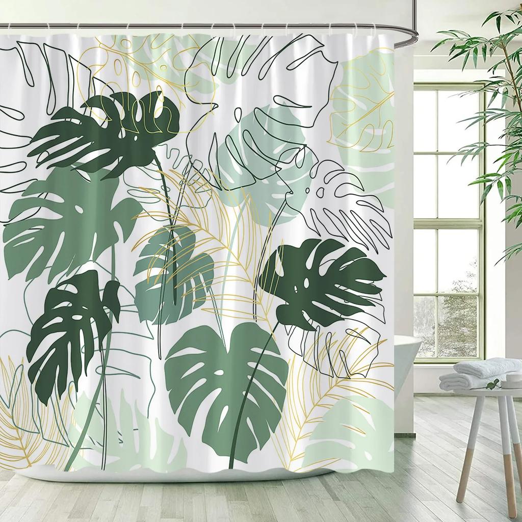 Tropical Leaves Shower Curtains Green Palm Leaf Banana Monstera Jungle Plants Hawaiian Modern Polyester Bathroom Curtain Decor