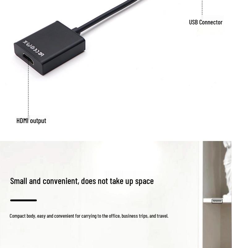 USB 2.0 To HDMI Adapter Cable, Aluminum Alloy, HD 1080P Extender
