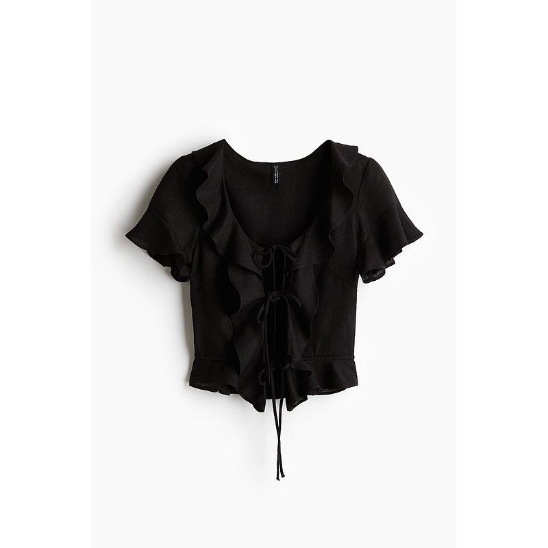 

HM Женская одежда Рубашки 25 Лето Новинка Волан Свободный крой Льняная смесь Рубашки Короткий рукав Топ 1271515 Black 170/104(L)