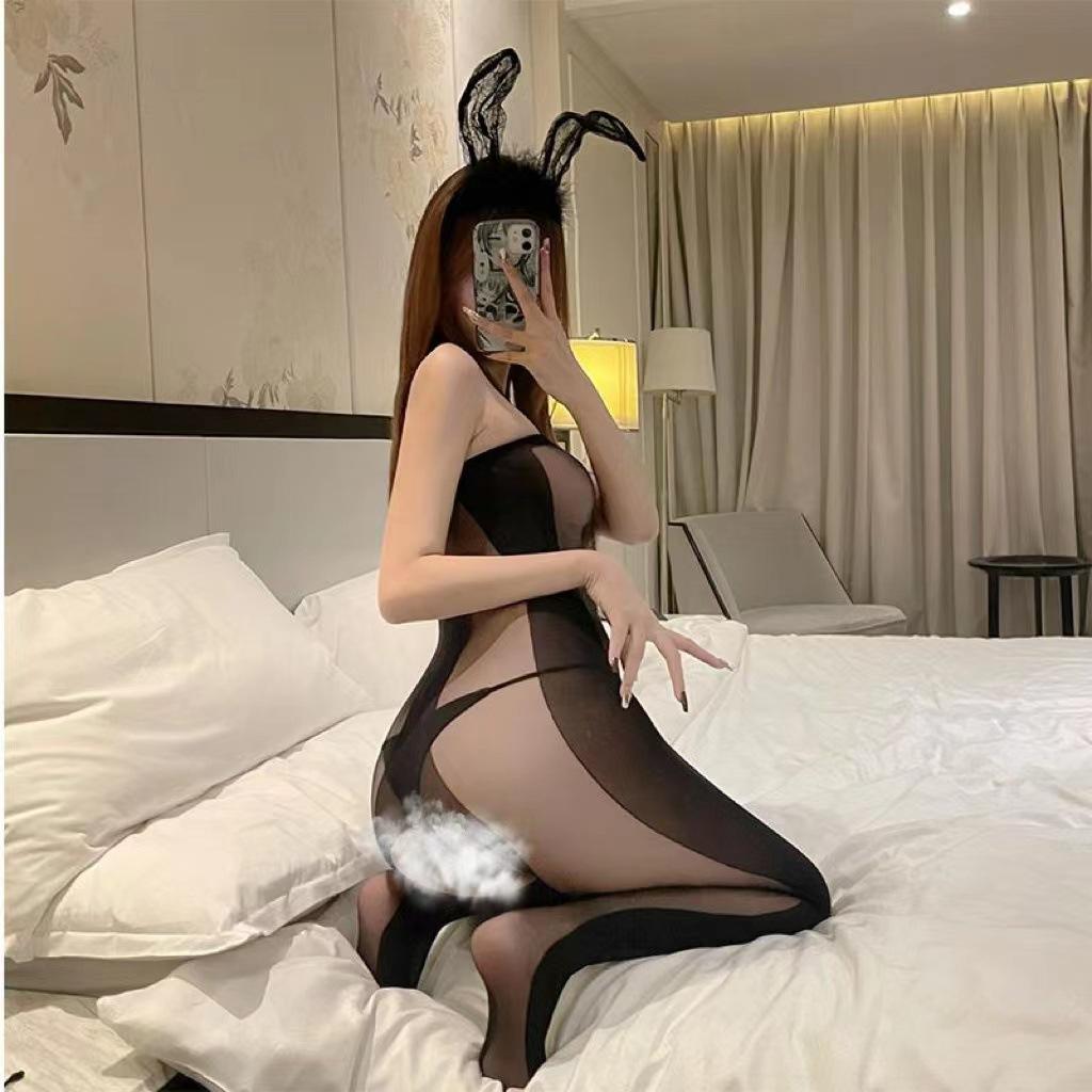 Sexy Underwear Sexy Jacquard Mesh Clothes Open Crotch Onesie Hollow Suspender Pajamas Temptation Large Size Passion Women