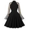 Women’s Swing Dress Mesh Shoulder Long Flare Sleeve Vintage Midi Dresses Holiday Party Casual Wear Black Burgundy
