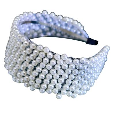 White Pearls Rhinestones Hair Hoop Bridal Headpiece Handmade Headbands for Special Occasion