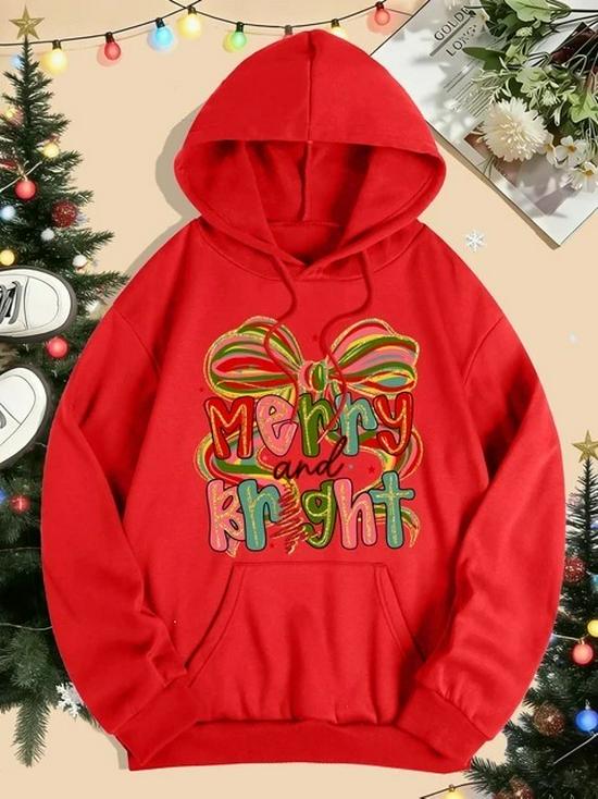 Merry & Bright Bow Print Women's Hoodie - Autumn/Winter Loose Pullover