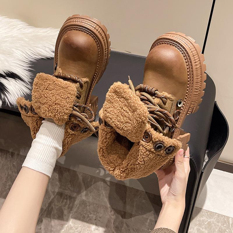 Popular fashion retro British style lapel Martin boots women's 2025 autumn and winter new two-wear button-tie velvet boots