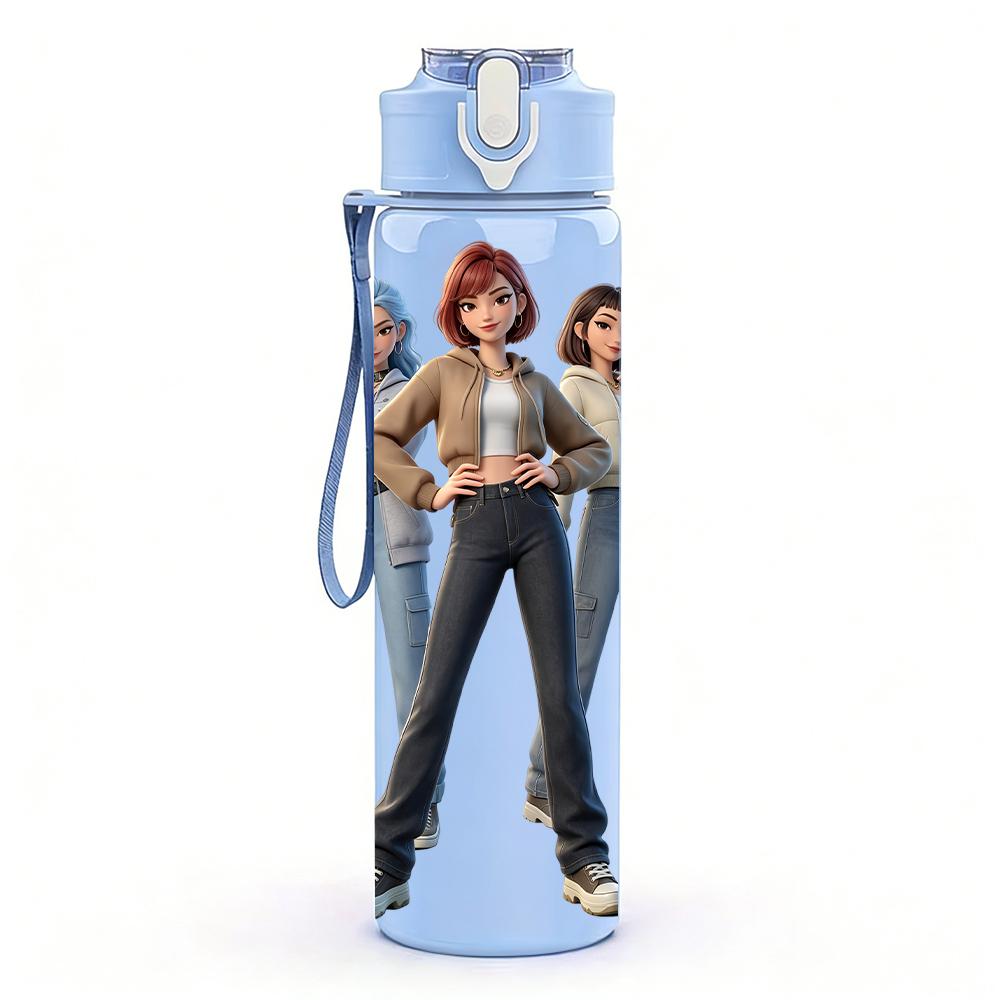 1PC Three Casual Fashion Girls Standing 750ml Color Plastic Sports Water Bottle Leakproof Flip Straw Lid Suitable for Sports Office Home Use