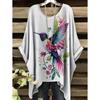 T-shirt Estiva da Donna Stampa Colibrì Pavone Girocollo Coda Comoda Manica Corta Oversize Orlo Irregolare Top