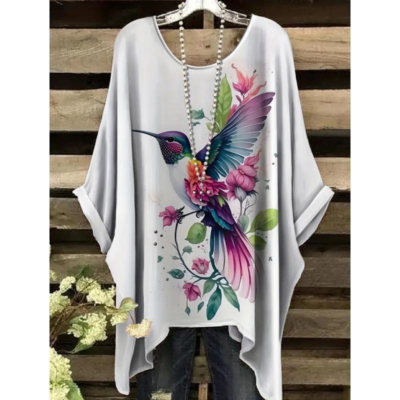 T-shirt Estiva da Donna Stampa Colibrì Pavone Girocollo Coda Comoda Manica Corta Oversize Orlo Irregolare Top