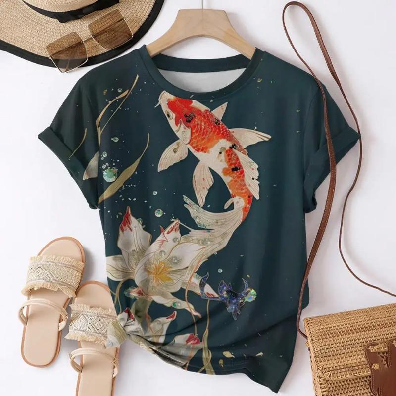 Camisetas Estampadas 3D de Verão Peixe Koi Mulheres Streetwear Moda Casual Harajuku Y2k Camiseta de Manga Curta Gola O Tops Roupas