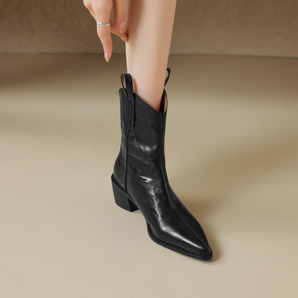 Krazing Pot Sheep Skin Autumn Winter Shoes Thick High Heels Size 43 Western Boots Slip on Ankle Boots