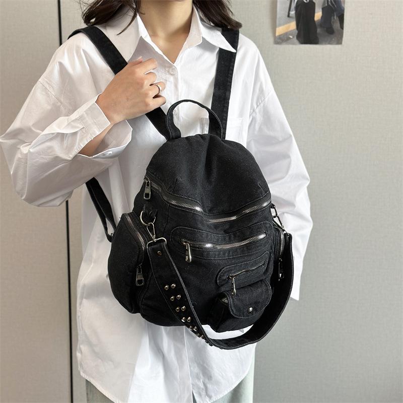 Schoolbag Retro Washed Denim Backpack Design Sense Rivet Single Shoulder Versatile College Student Schoolbag Class Commuter Backpack