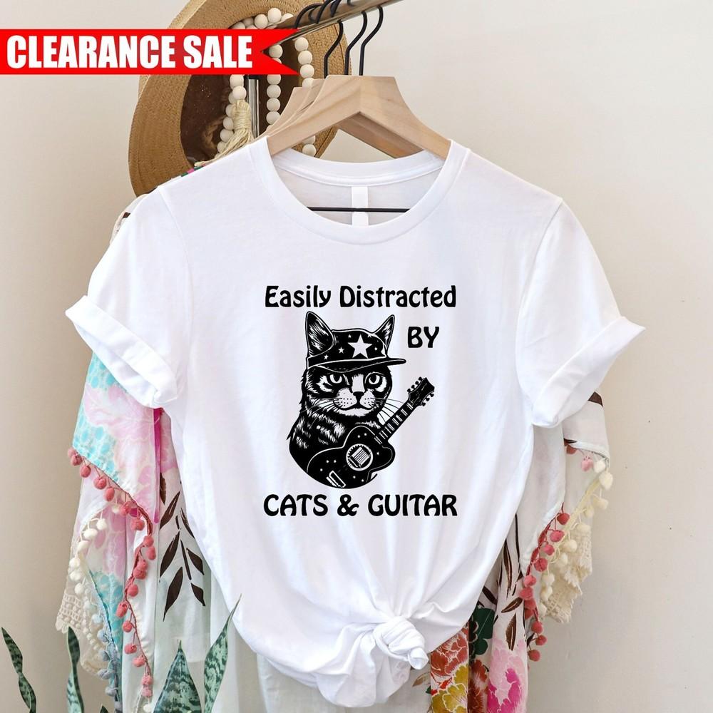 

Cat Lovers T Shirt Printed Easily Distracted By Cats and Guitar Funny Pet Tee Top 2XL