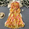French Vintage Print Chiffon Dress Women Bow Lace-up Lantern Sleeve Elegant Loose Casual Evening Holiday Dresses