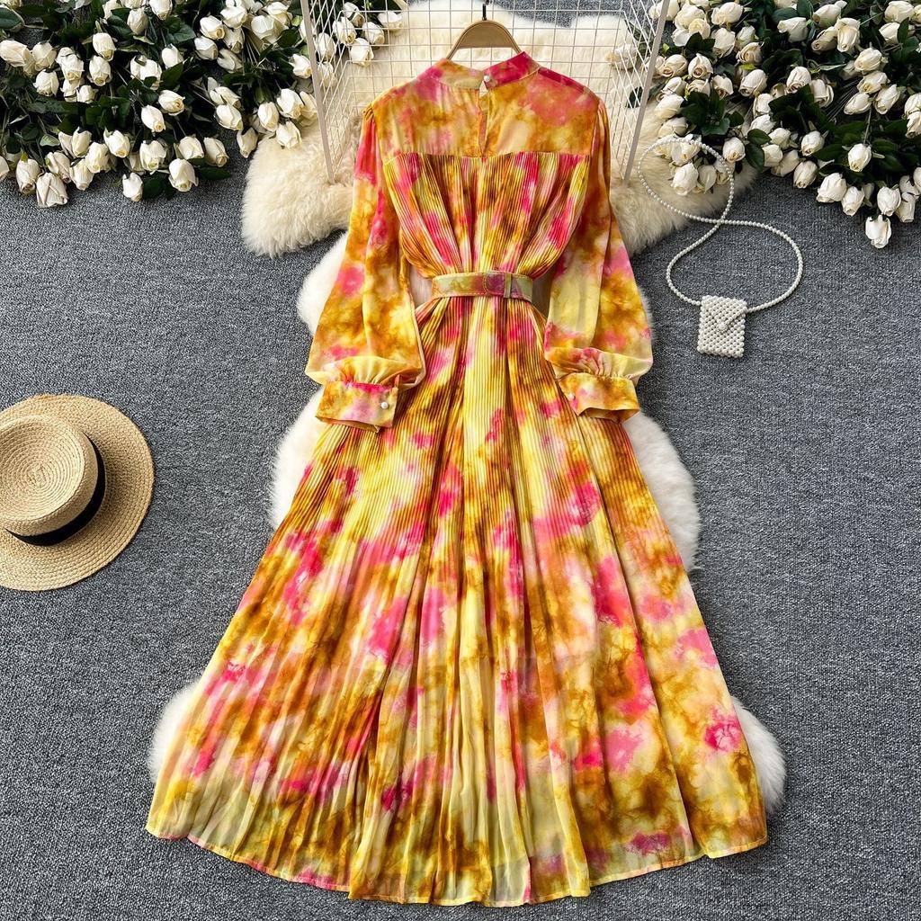 French Vintage Print Chiffon Dress Women Bow Lace-up Lantern Sleeve Elegant Loose Casual Evening Holiday Dresses