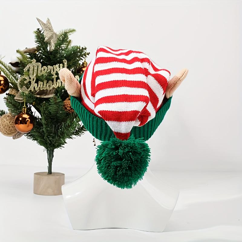 Winter Christmas Hat with Ears & Pom-Pom - Thick Warm Beanie, Red & Green Striped Holiday Party Hat with Pompom Tip