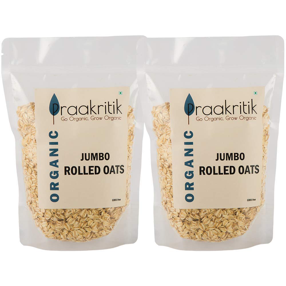 Praakritik Organic Jumbo Rolled Oats | Gluten Free Oats, Healthy Breakfast Cereal & Diet Food for Weight Loss | High in Protein & Fibre | Pack of 2