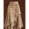 Women's faux suede vintage style irregular ruffle midi skirt with waist tie and tassel decoration