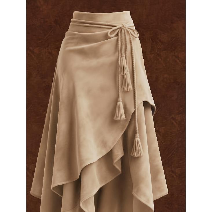 Women's faux suede vintage style irregular ruffle midi skirt with waist tie and tassel decoration