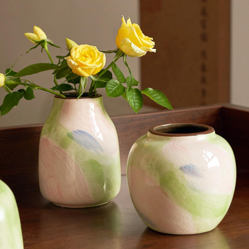Hand Drawn Oil Painting Ceramic Vase Glazed Hydroponic Vase with Cracks American Country Style Home Interior Decoration Gift