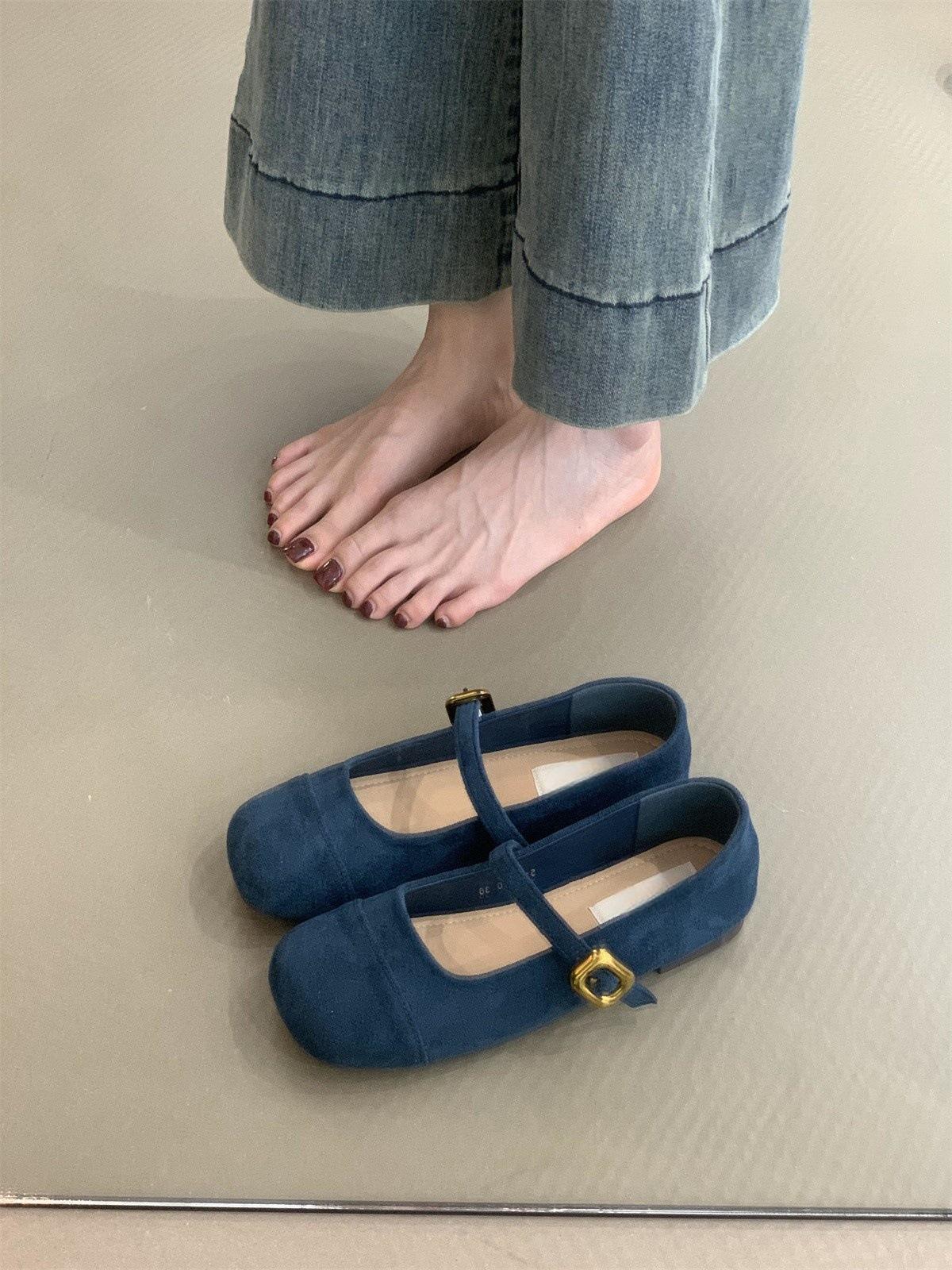 

Балетные туфли-лодочки из замши с круглым носком и неглубоким носком женские весенне-осенние новые французские повседневные туфли Мэри Джейн в стиле ретро на плоской подошве 40 синий