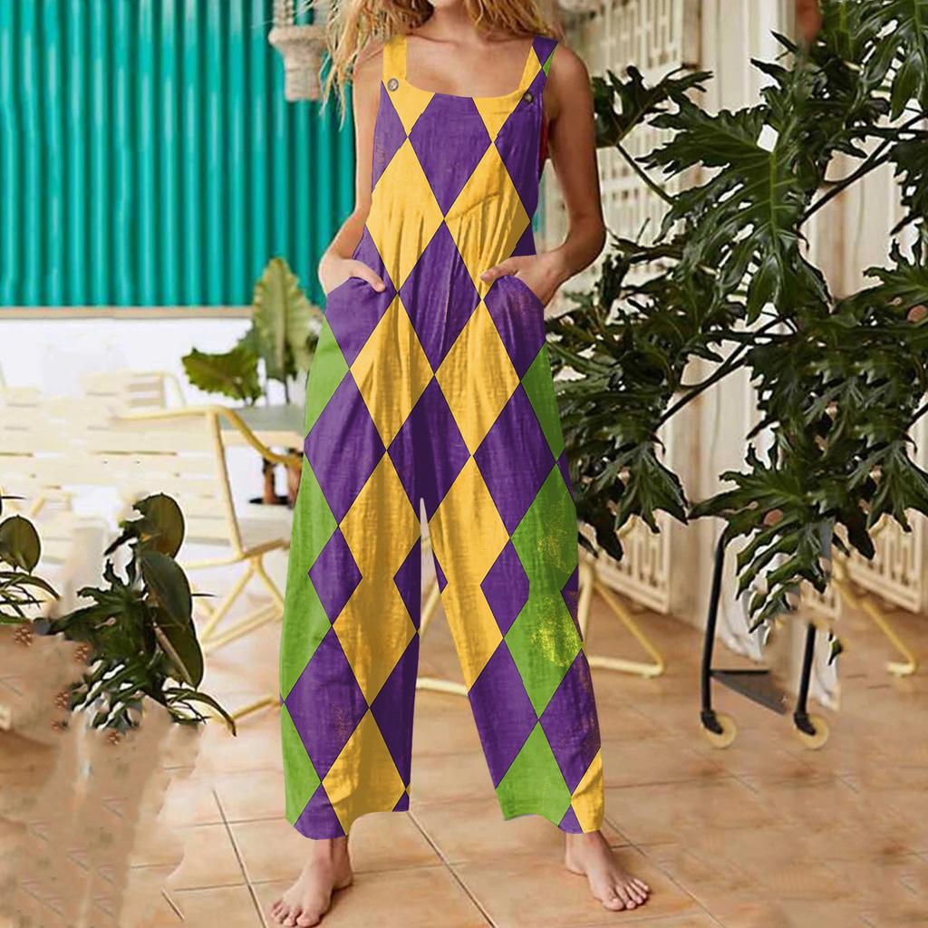 Womens Casual Overalls Jumpsuits Adjustable Straps Sleeveless Carnival Print Comfy Rompers With Pocket