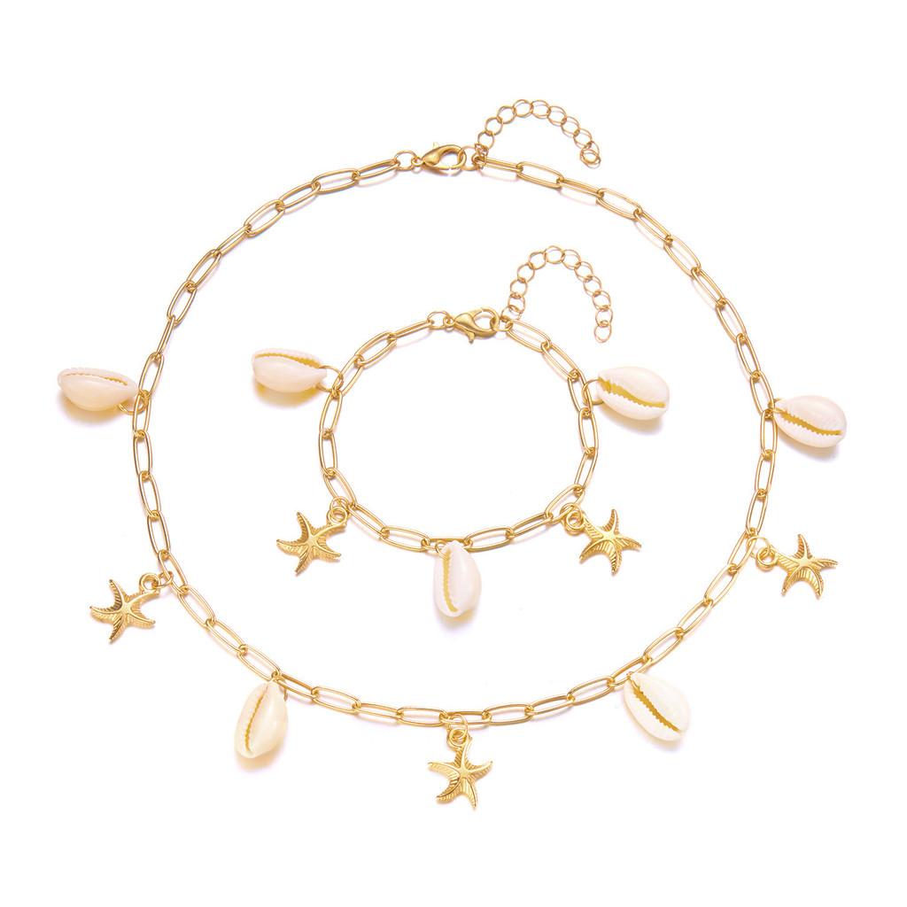 Summer Seashell Necklace And Bracelet Set With Alloy Pendant For Women