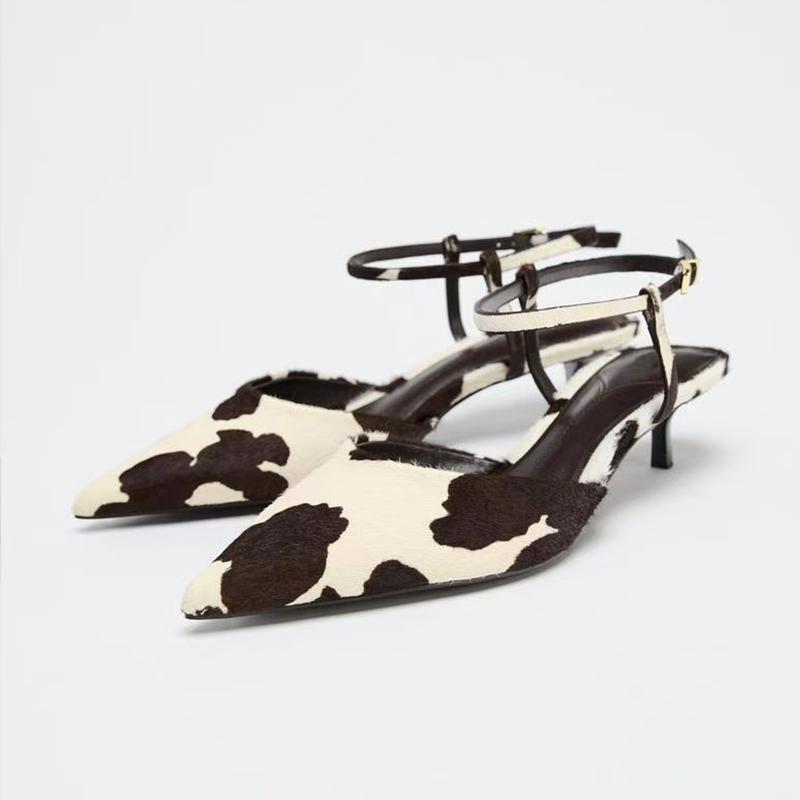 

Fashion New Ins Fashion Women Horsehair Cow Pattern Kitten High Heels Party Wedding Shoes Woman Sexy Pointed Toe Slingback Pumps Sandals 34 чёрный