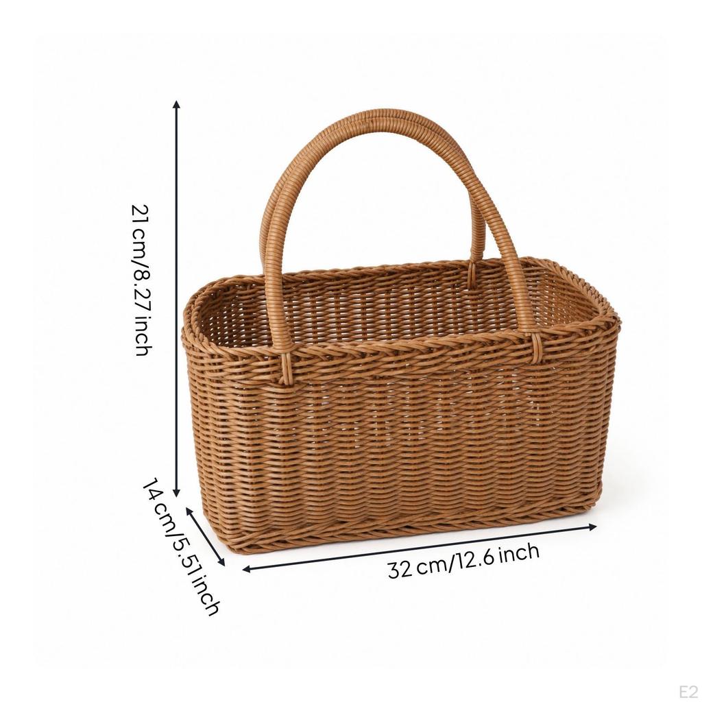 Rectangular Wicker Basket OpenTop Rattan with Handle Structured for Shoppers, Picnickers,