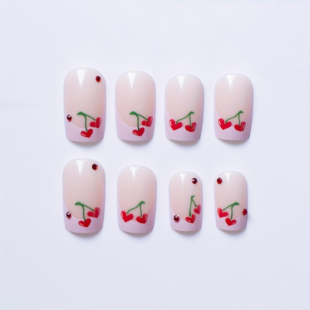 24 Stück/Set glänzend rosa French Press On Nails kurz mit rotem Kirschdesign zum Aufkleben der Nägel Glitzer rote Strasssteine kurze quadratische künstliche Nägel