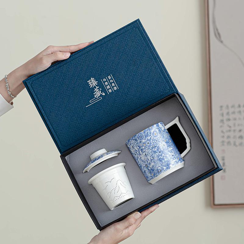 Guochao Flowering White Porcelain Light Luxury Tea Set Home Office Tea High-end Festival Souvenir