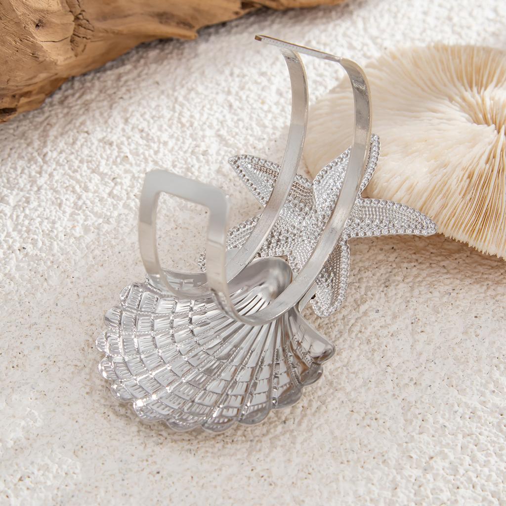 Hip Hop Large Starfish Scallop Open Cuff Bangles for Women Adjustable Exaggerated Wide Gold Color Upper Armband Bracelets Femme Aesthetic Jewelry