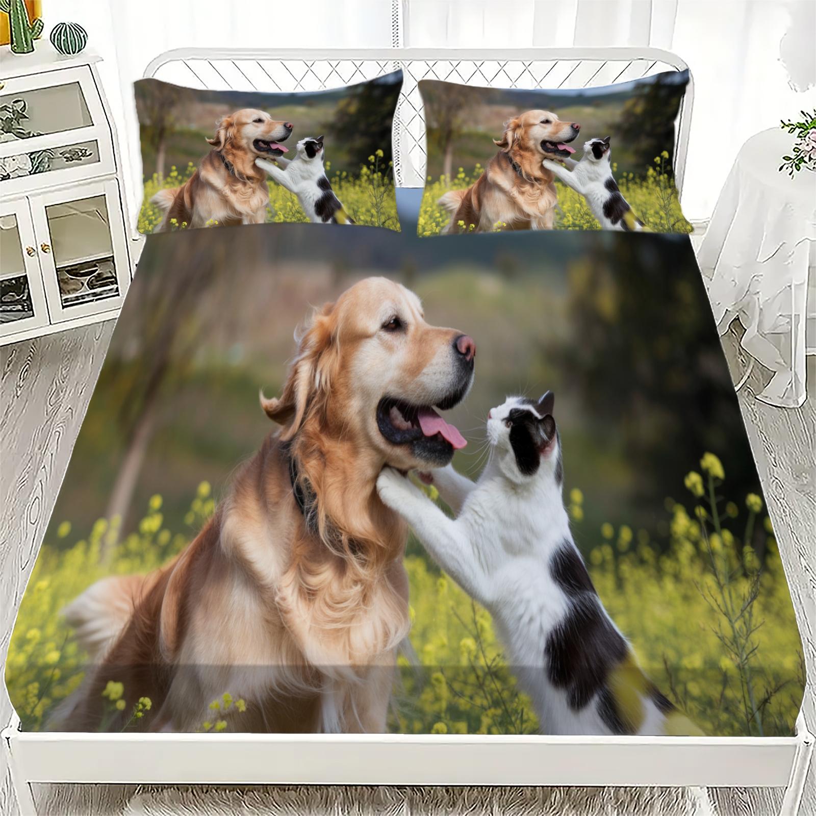 

3D Собака и Кошка Милый Принт Комплект Простыней Натяжных Чехлы для Матраса Мягкий Дышащий Комплект Постельного Белья с Глубоким Карманом для Спальни 90x200cmx25