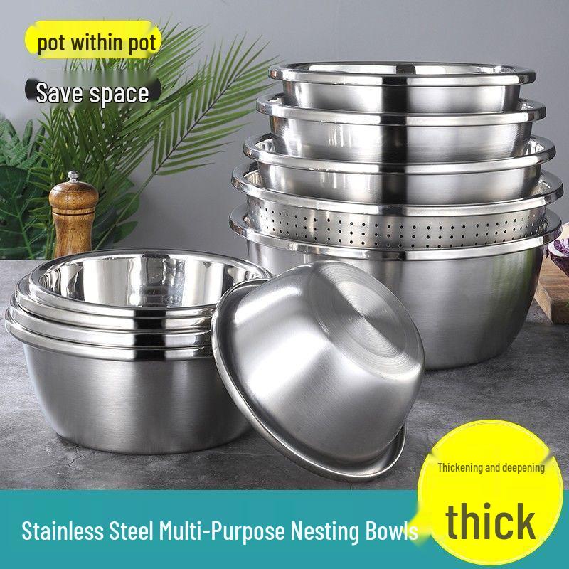 Stainless Steel Kitchen Basin: Seasoning Jar, Mixing Bowl, Oil Bowl, Soup Bowl, Vegetable Washer, Deep Basin, Colander Combo