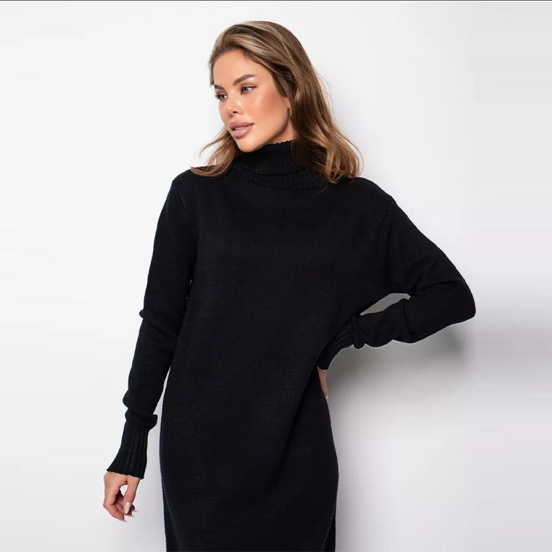 Elegant Solid Color Knitted Dress Women Loose Turtleneck Long Sleeve Female Sweater Autumn Winter Fashion Lady Knitwear
