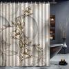 1Pc White And Grey Leaf Patterned Shower Curtain, Polyester Fabric, With Hooks, Suitable For Bathroom Dcor.