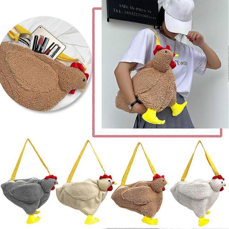 Funny Hen Shape Plush Bag para mulheres, frango bonito dos desenhos animados, bolsa de ombro crossbody, bolsa para menina, bolsas