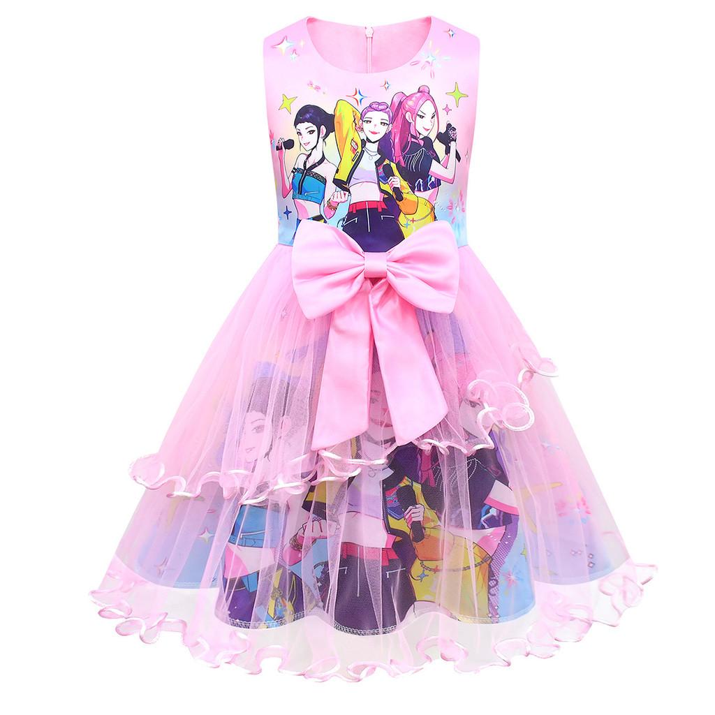 82940 Prinsessflickor Rumi Zoey Mira Kpop Tryck Rosnät Klänning