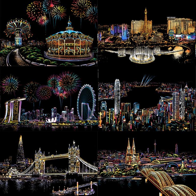 Art Magic Scratch Nightscape Painting Paper Board Educational Playing Toys
