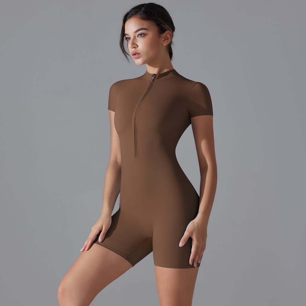 Kombinezon do jogi Lato Krótki rękaw Zamek błyskawiczny Odzież sportowa Siłownia Fitness Sportowe body Kobiety Taniec Bieganie Ubrania do ćwiczeń Strój do jogi