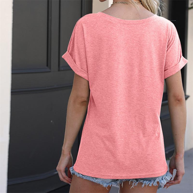 Spring/Summer Button Women's Casual T-shirt Solid Ladies Top