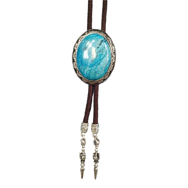 Vintage Oval Shape Stone Pendant Bolo Tie Western Braided Rope Adjustable Necktie Jewelry Shirt Collar Chain Necklace