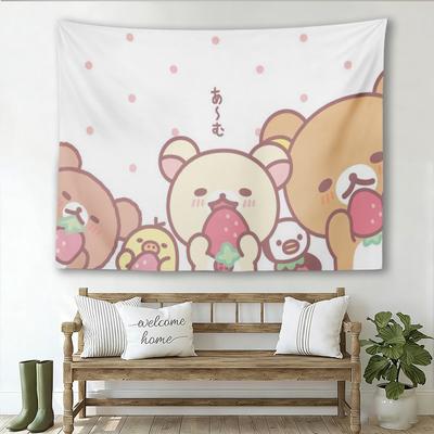 Strawberry Bear Kawaii Tapestry Cute Cartoon Bear Family Wall Hanging Soft Polyester Pink Polka Dot Decor for Bedroom Dorm