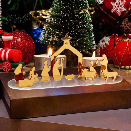 Christmas Tabletop Decorations Acrylic Ornament, Mirrored Golden Silhouette Scene, Decorative Living Room Table Decor Desktop Display for Holiday