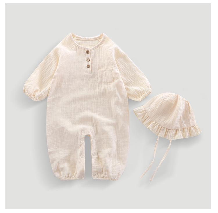 Hooded Baby Summer Romper: Double Layer Gauze, 100% Cotton, Solid Color, Breathable and Sweat-Absorbent - Ideal for Crawling and Casual Wear