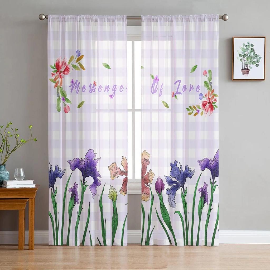 Iris Flower Plaid Sheer Curtains for Living Room Bedroom Decoration Chiffon Tulle Voile Kitchen Window Curtain