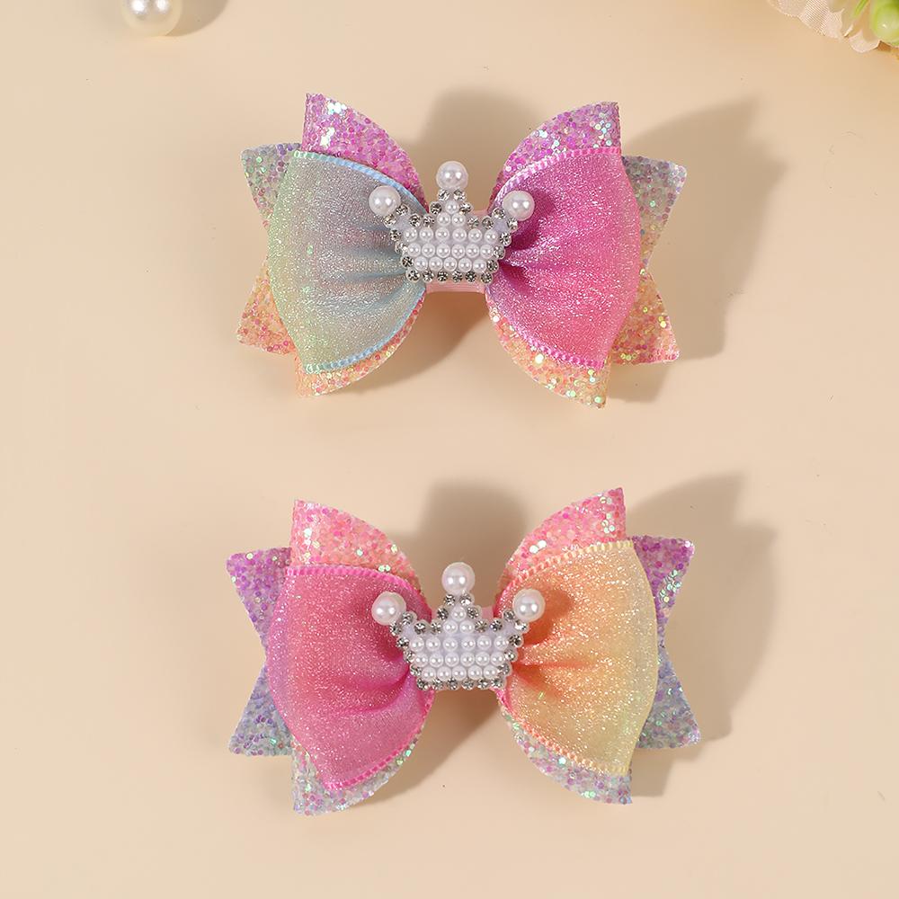 2Pcs Sweet Tulle Barrette Hair Bow Clip Sparkly Glitter Pigtails Hair Clip with Pearl Crown Headdress Kids