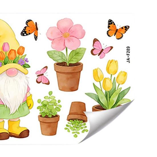 Garden Gnome Window Clings with Tulips and Butterflies, Watercolor Dwarf Glass Decals, Self-Adhesive Transparent Stickers for Balcony Patio Living
