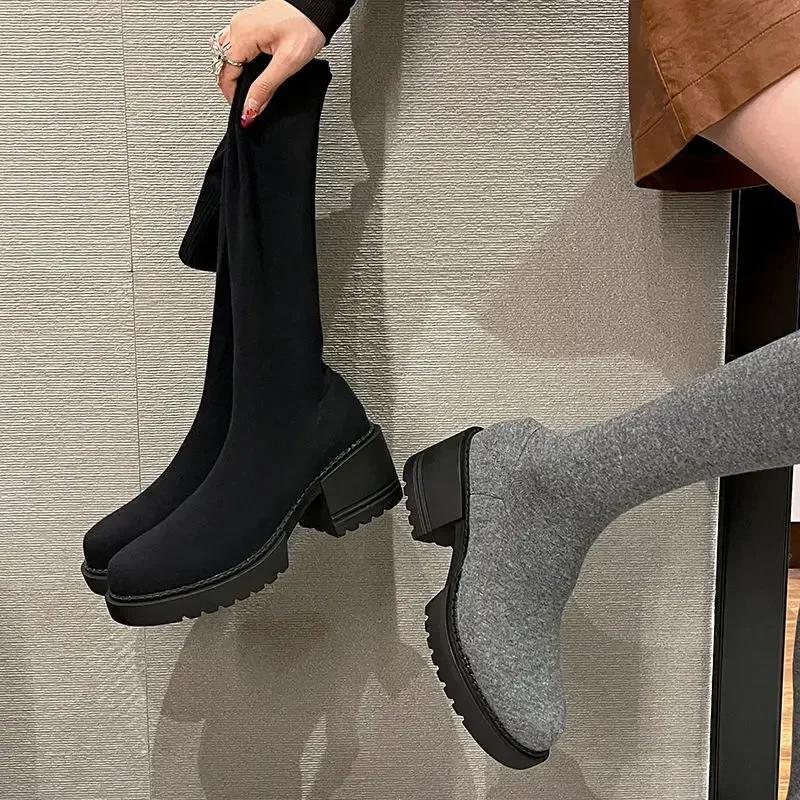 Fashion High Heels Long Boots for Women Elegant Heeled Round Toe Knee Shaft Shoes Woman Sock Gyaru Fashion 2024 Trend Winter Novelty Y2k